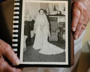 A photo of Barbara on her wedding day in the dress she made herself